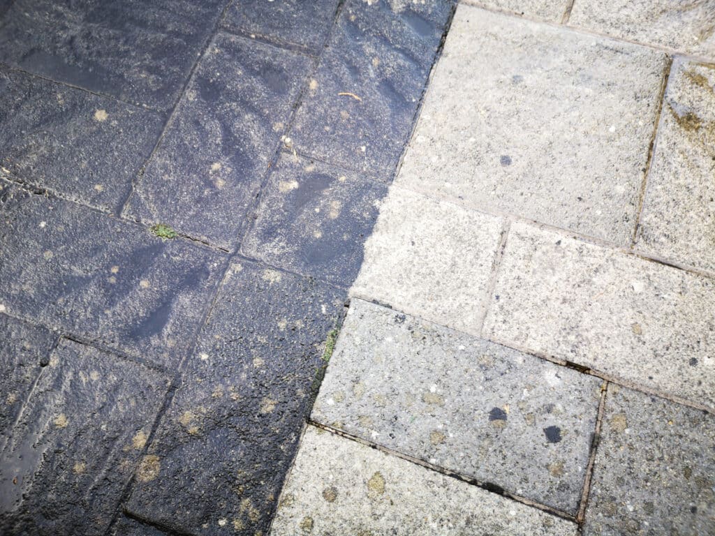 Patio surface before and after cleaning