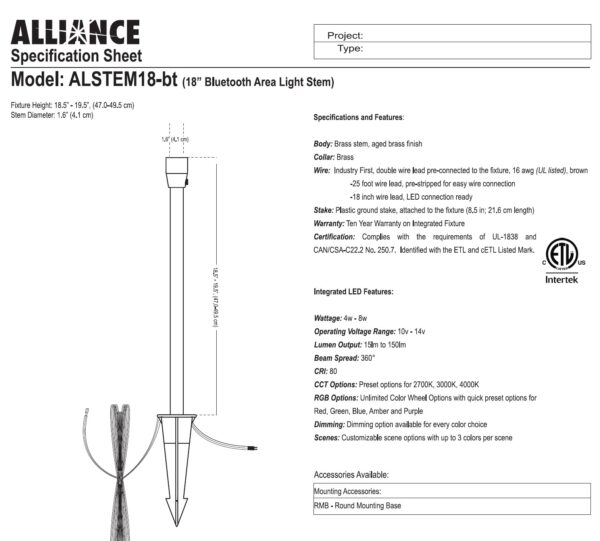 Stem  18"BT 2-6W LED, Alliance - Image 2