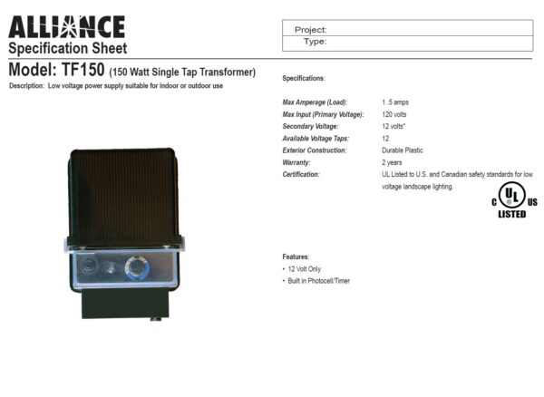 Transformer  ALLIANCE TF 150 Watt (12V) tap - Image 2