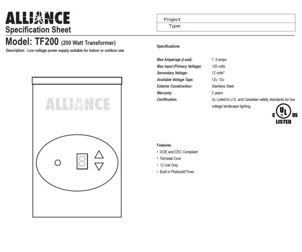 Transformer  ALLIANCE TF 200 Watt (12V) tap - Image 2