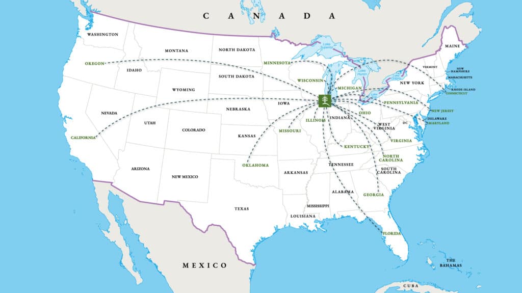 Map showing states where Lurvey purchases nursery plants from growers