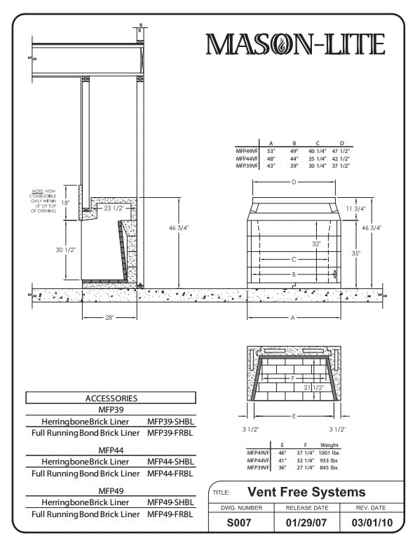 Mason Lite Universal Gas Vent Free Firebox Kit 49"