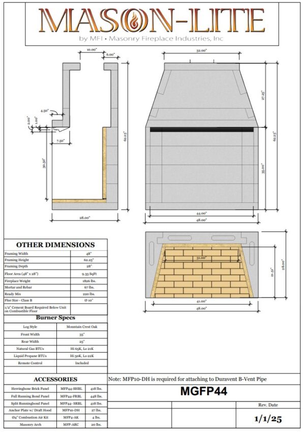 Mason Lite 10" B-Vent Gas Appliance w/ logs 44"
