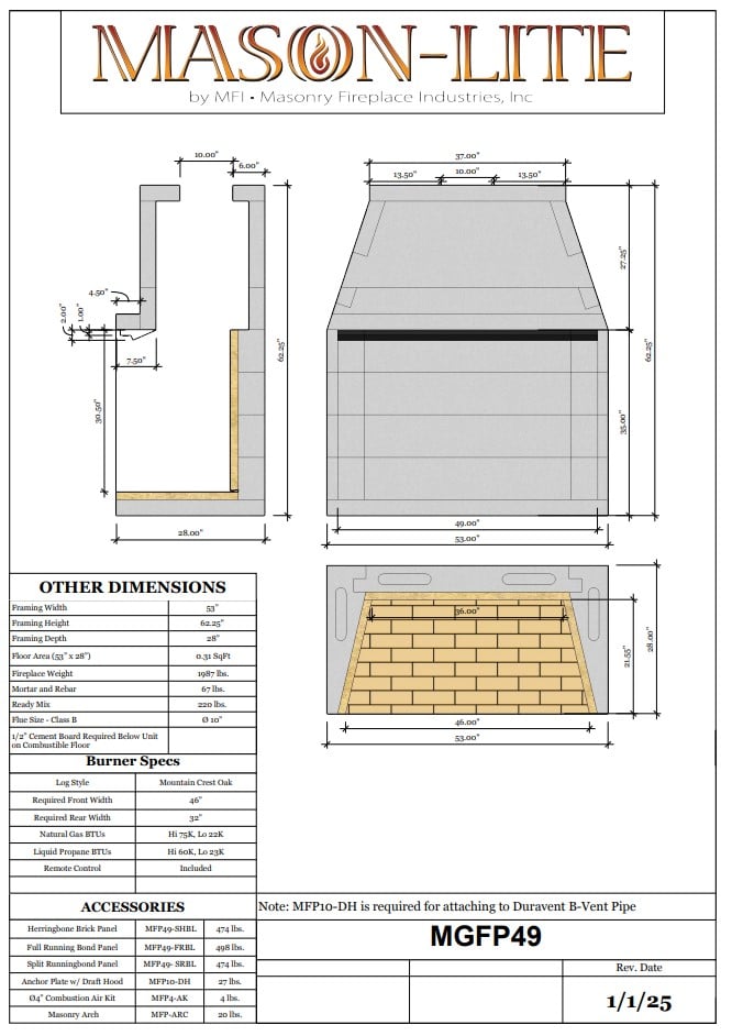 Mason Lite 10" B-Vent Gas Appliance w/ logs 49"