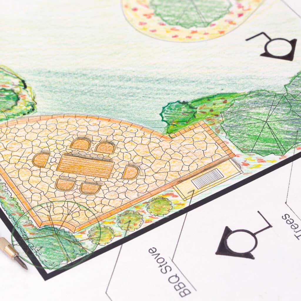 Landscape design plan with patio and outdoor kitchen