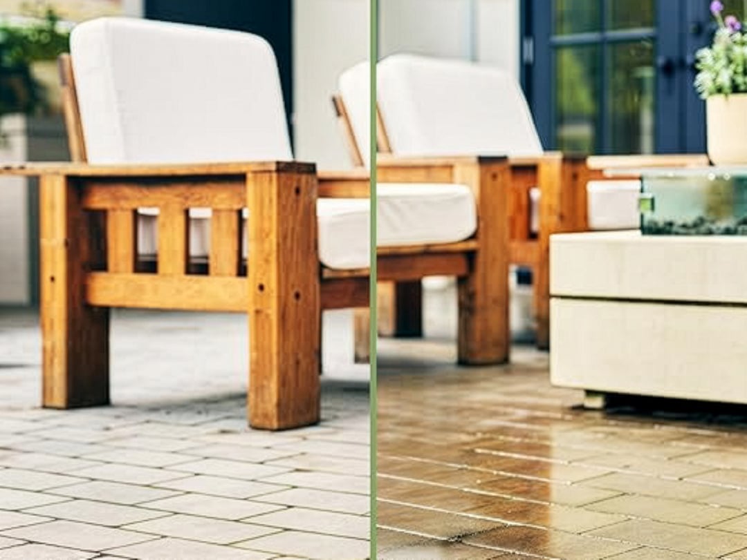Patio with and without MORE® high-gloss sealer.